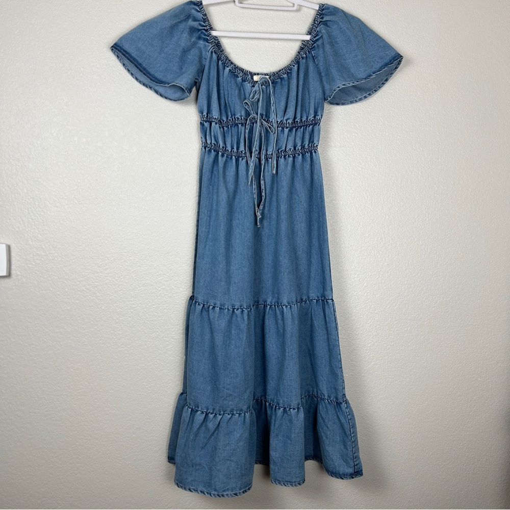 A Hint of Blush Tiered Denim Midi Maxi Dress Size S
